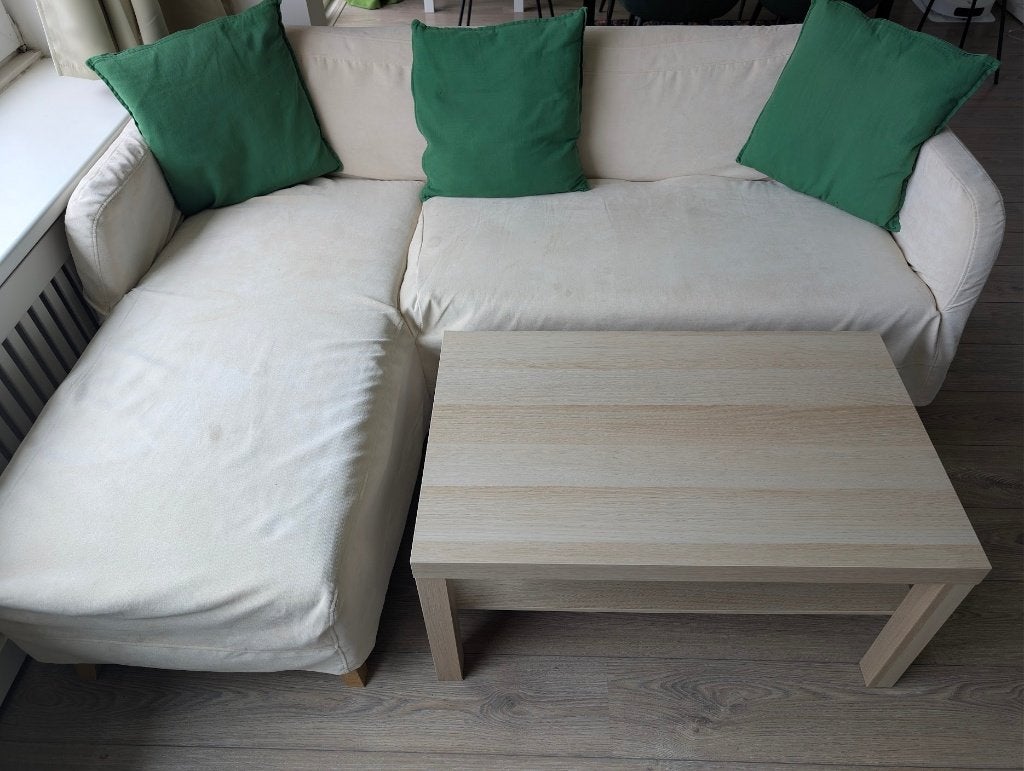 IKEA LINANÄS 3-zitsbank met chaise longue + LACK salontafel, Ophalen, Gebruikt, 125 tot 150 cm, 150 tot 200 cm