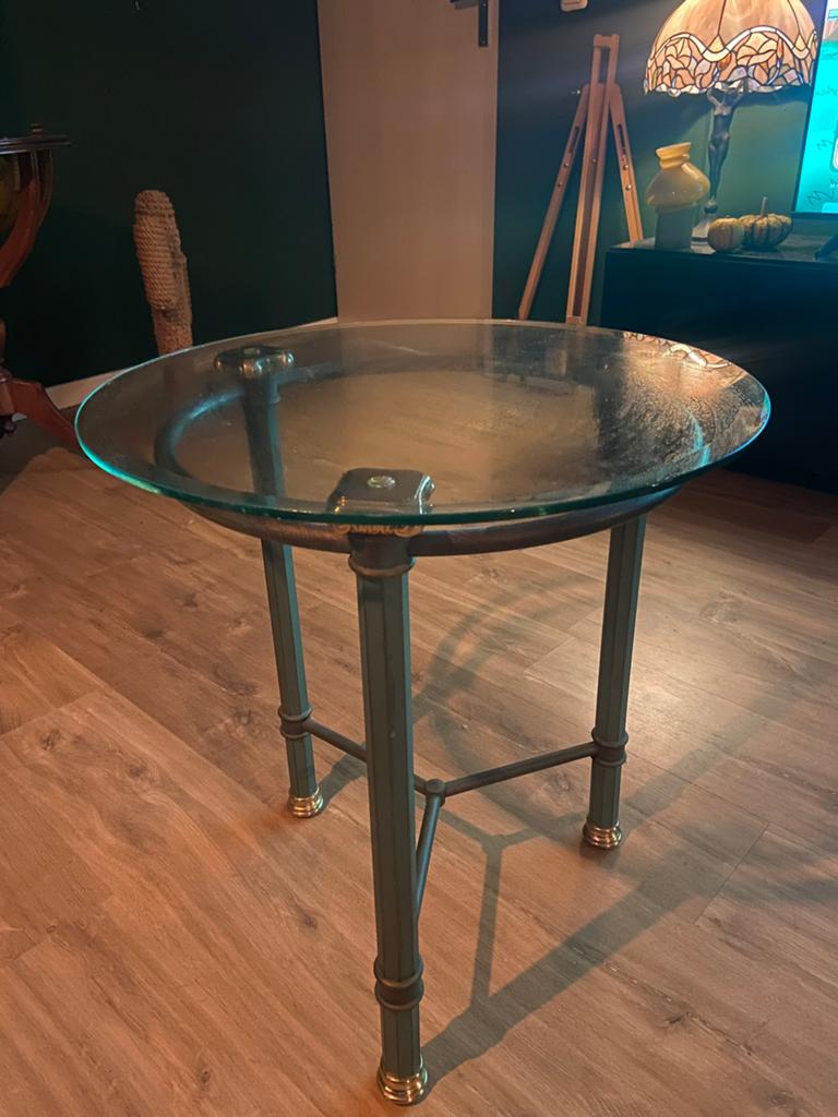 Glazen goud groene hollywood regency bijzettafels, Huis en Inrichting, Tafels | Bijzettafels, Minder dan 55 cm, Rond, Ophalen