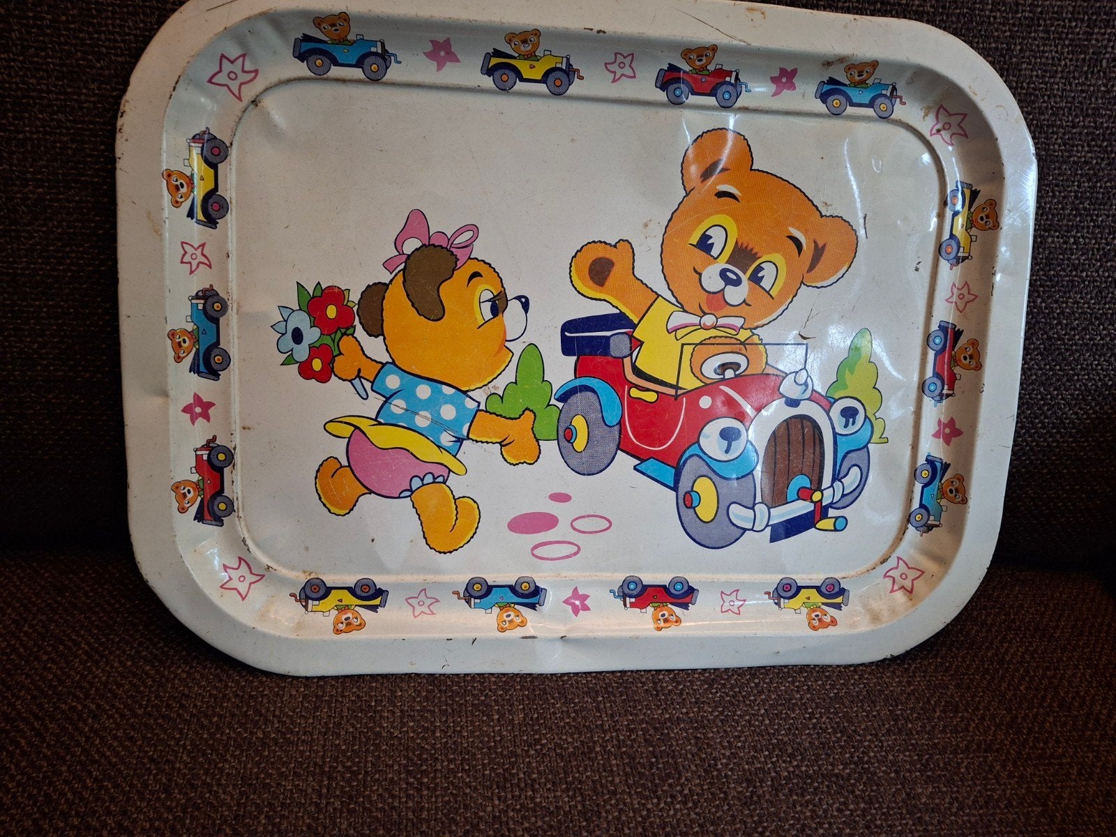 vintage jaren 70 kinder dienblad beertjes en auto, Ophalen of Verzenden, Huis en Inrichting