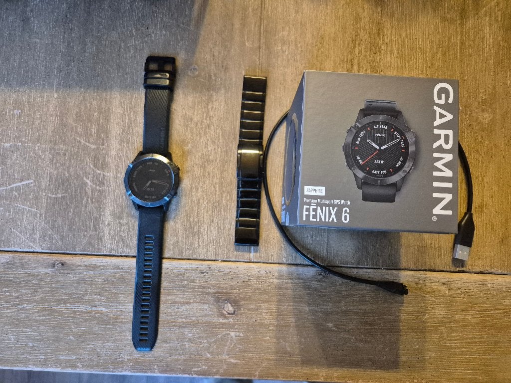 Garmin Fenix 6 Sapphire + extra metalen band, Overige merken, Gebruikt, Zwart, Ophalen of Verzenden