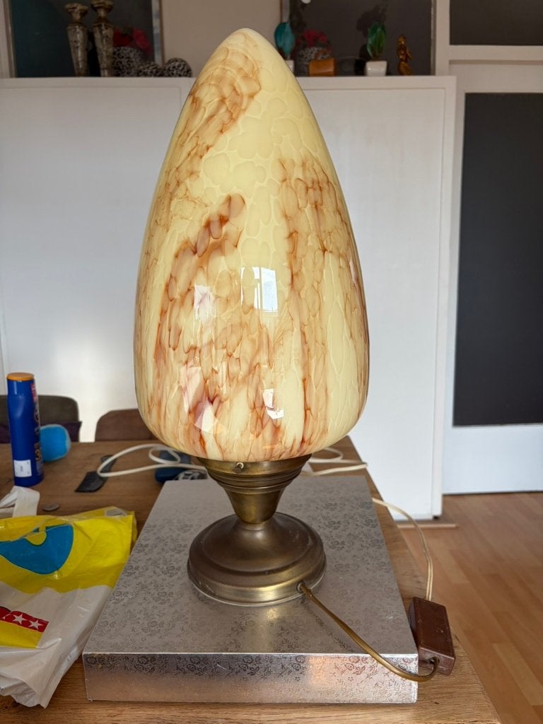 Vintage Tiffany/Art Nouveau Tafellamp met Gemarmerde Kap, Gebruikt, Tiffany lamp, Vintage, Meerkleurig