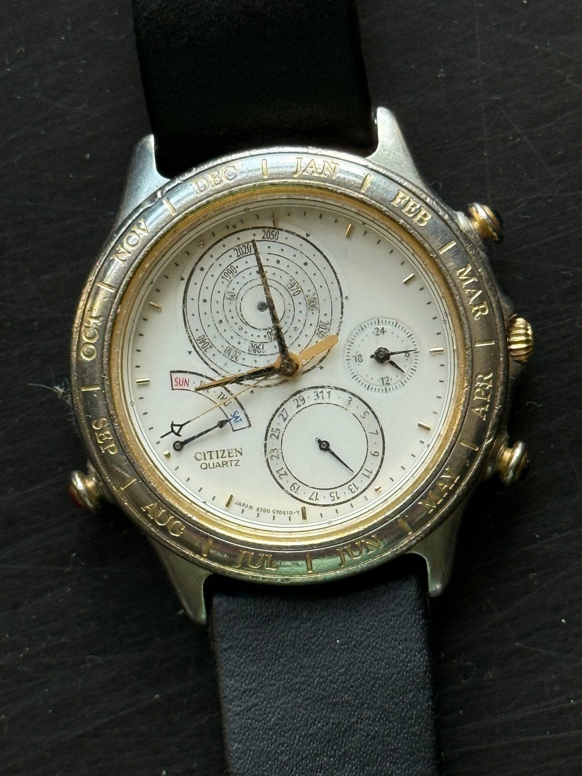 Citizen vintage 90’s Perpetual Calendar, Ophalen, Leer, Gebruikt, Polshorloge