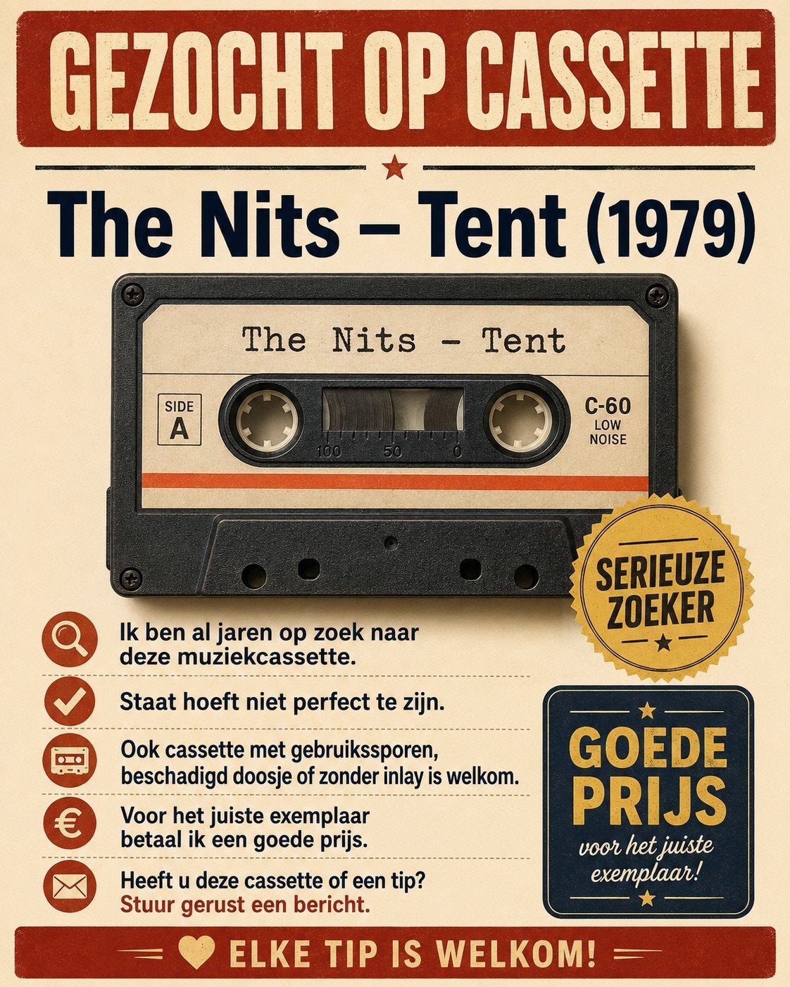 GEZOCHT: The Nits – Tent op muziekcassette (1979), Ophalen of Verzenden, Gebruikt, 1 bandje