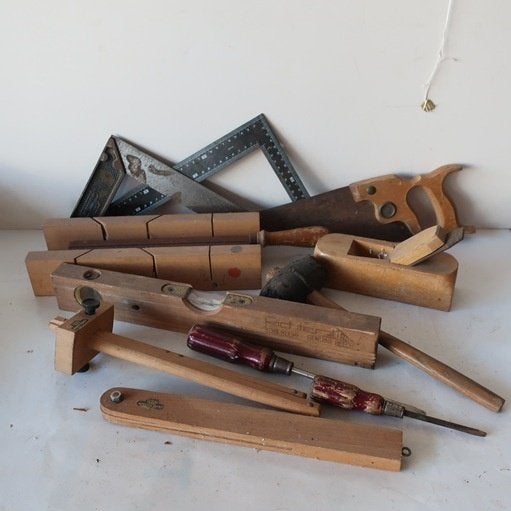 Oud gereedschap hout zaag schaaf waterpas winkelhaak SET, Ophalen of Verzenden