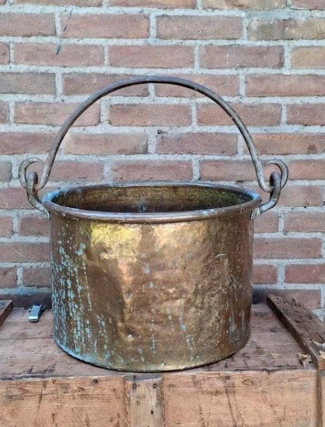 Oude antieke koperen kookpot haardhout gesmeed hengsel, Antiek en Kunst, Ophalen of Verzenden, Koper