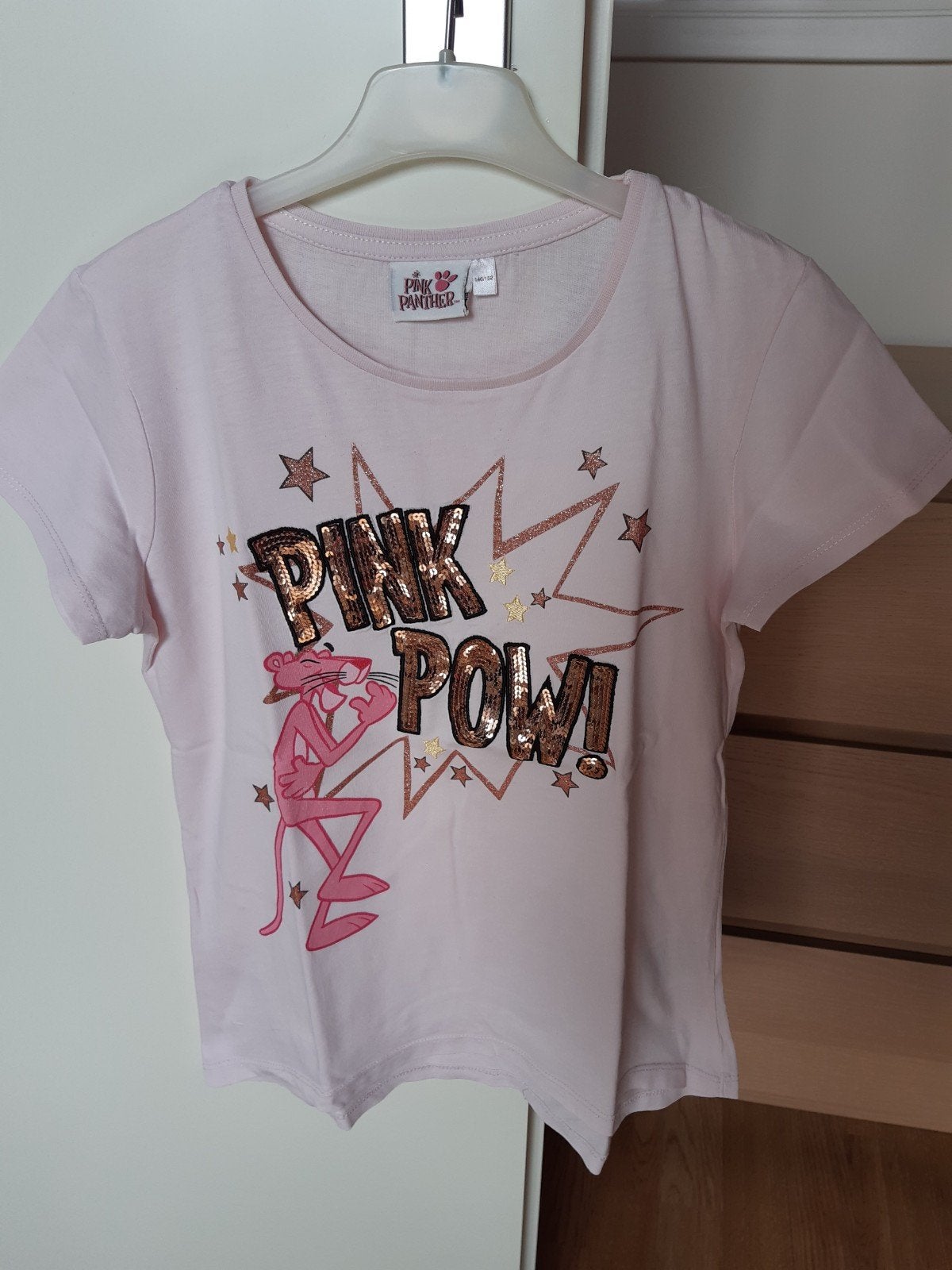 maat 146 / 152  Roze t-shirt met de Pink Panther, Gebruikt, C&A, Meisje, Ophalen of Verzenden