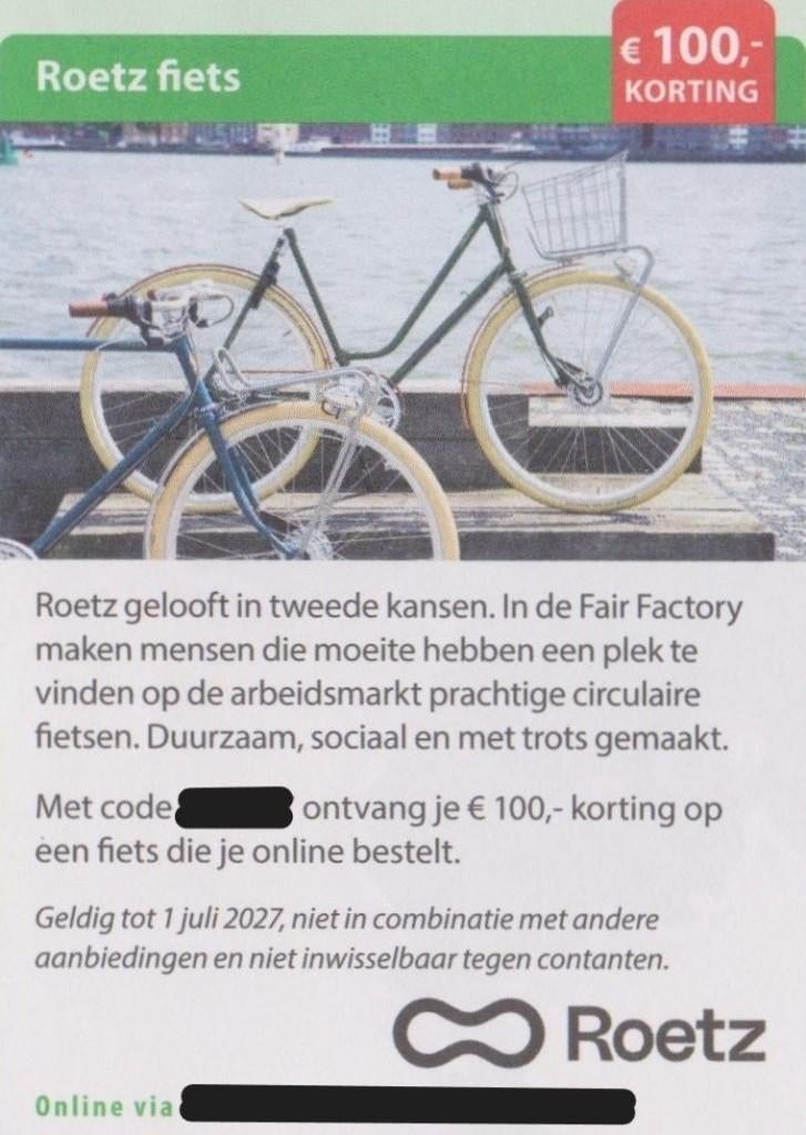 Roetz fiets. € 100,- korting. Postcodeloterij voordeelbon., Eén persoon, Kortingsbon, Warenhuis- of Winkelbon