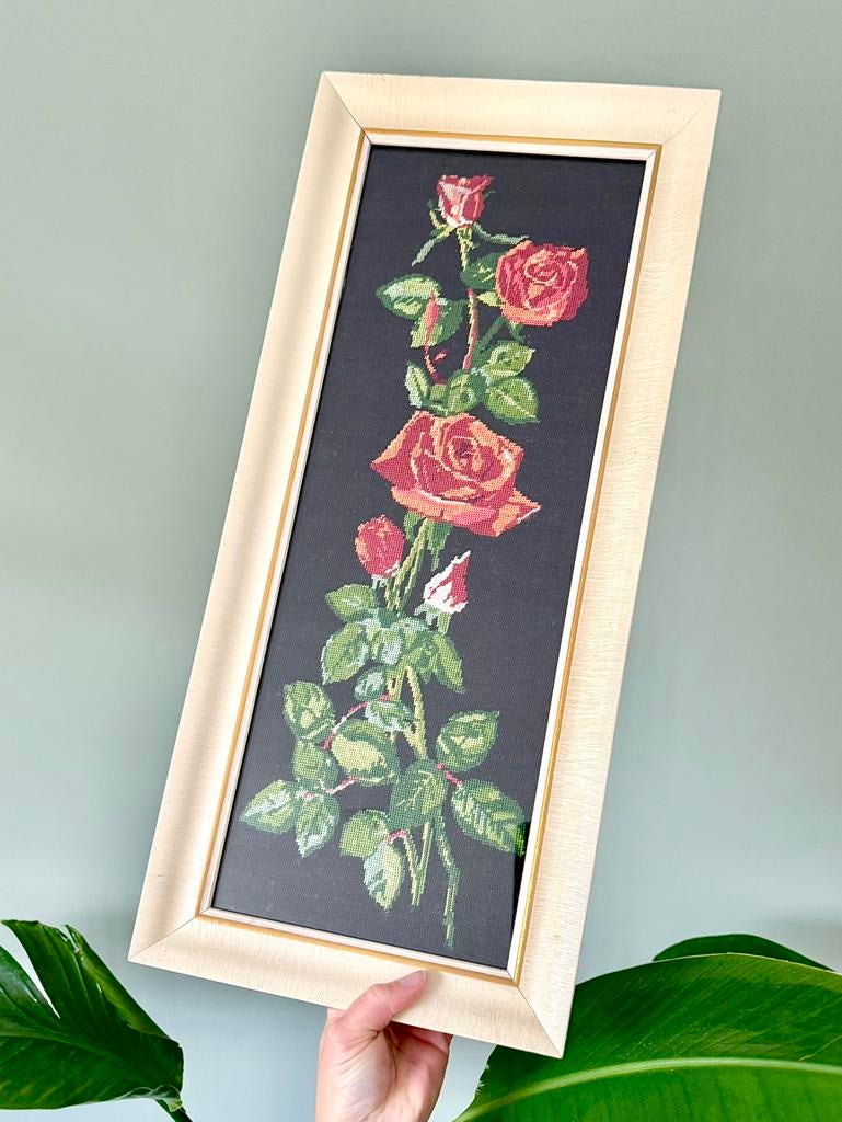 Groot vintage rozen borduurwerk wandkleed wanddecoratie, Ophalen of Verzenden, Gebruikt