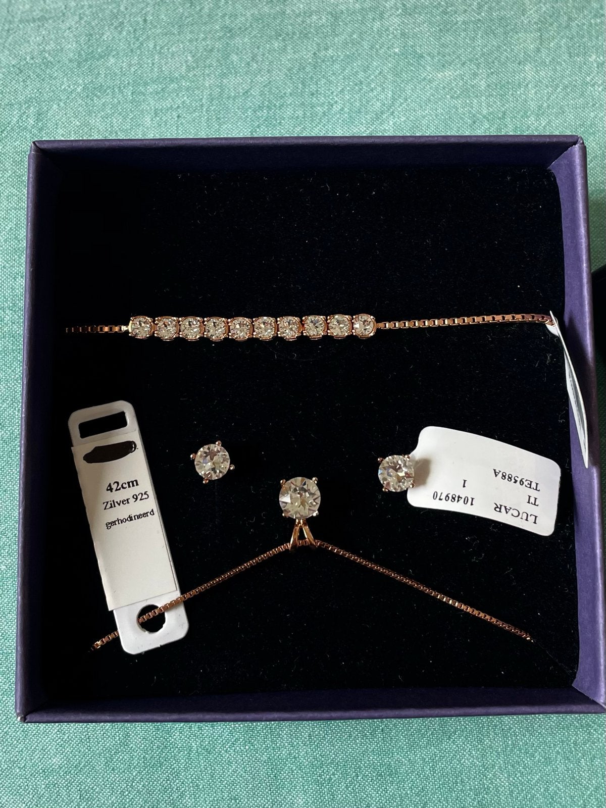 Lucardi 925 Zilver Rosé Set: Oorbellen, Armband, Ketting, Met kristal, Nieuw, Ophalen of Verzenden, Roze