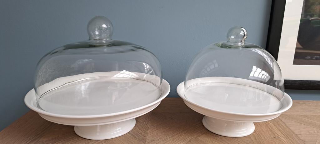 Set van 2 Dille & Kamille etagères met glazen stolpdeksels, Ophalen, Glas, Overige stijlen, Schaal of Schalen