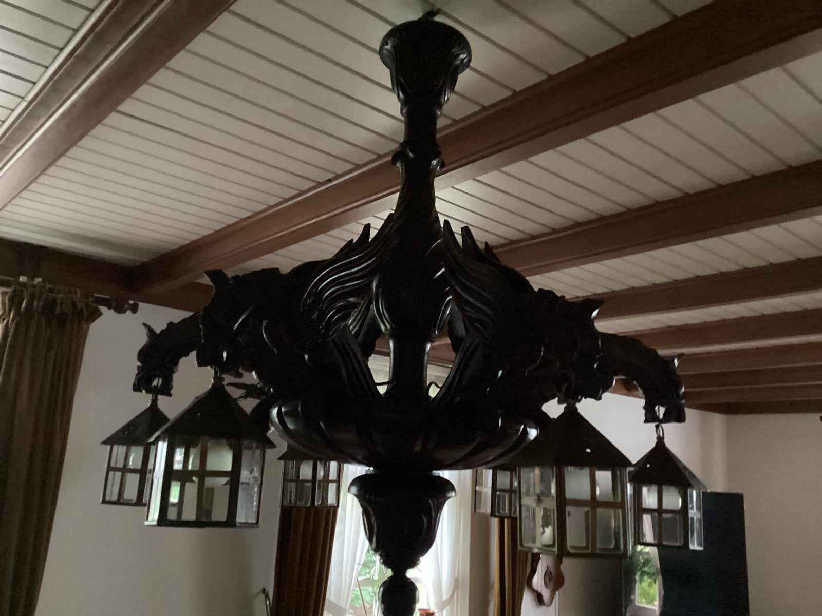 Antieke 6-armige hanglamp met draken en bajonet sluiting, Antiek en Kunst, Ophalen