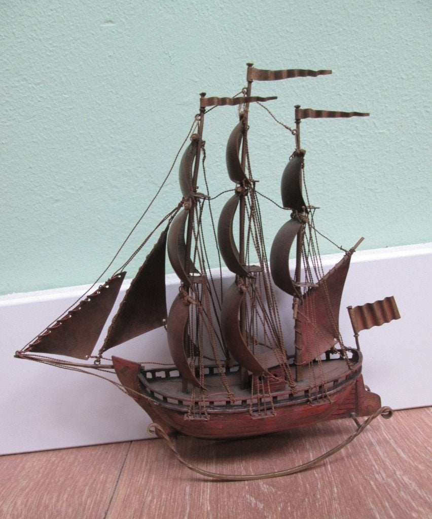 Antieke Miniatuur Koperen Driemaster & dito Tuigwerk 14,5 cm, Ophalen of Verzenden, Koper