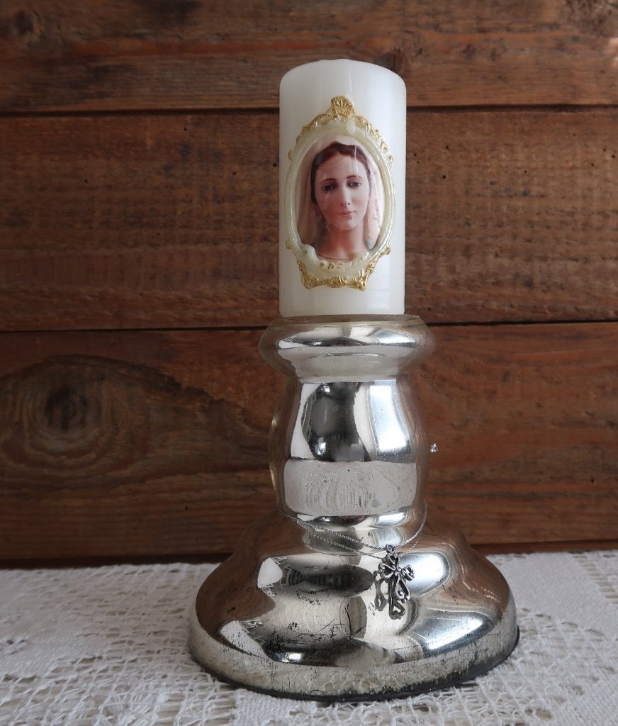 Maria kaars + zilverglas kandelaar armeluis zilver + kruisje, Ophalen of Verzenden