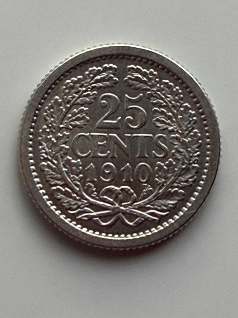 Nederland. Wilhelmina. 25 Cent 1910. FDC, Zilver, 25 cent, Ophalen of Verzenden, Koningin Wilhelmina