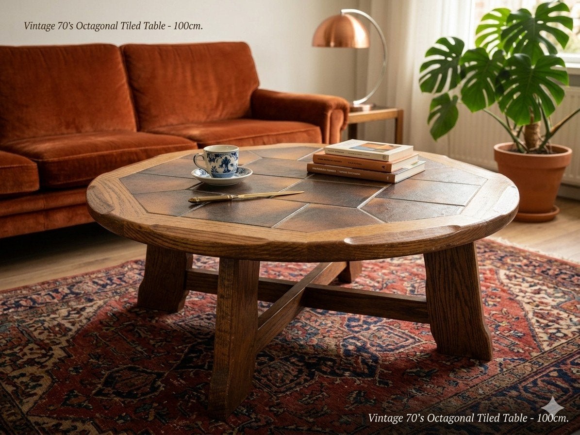 Brutalist Vintage Salontafel – Eikenhout & Keramiek 100cm, Ophalen, 100 tot 150 cm, Eikenhout, 50 tot 100 cm
