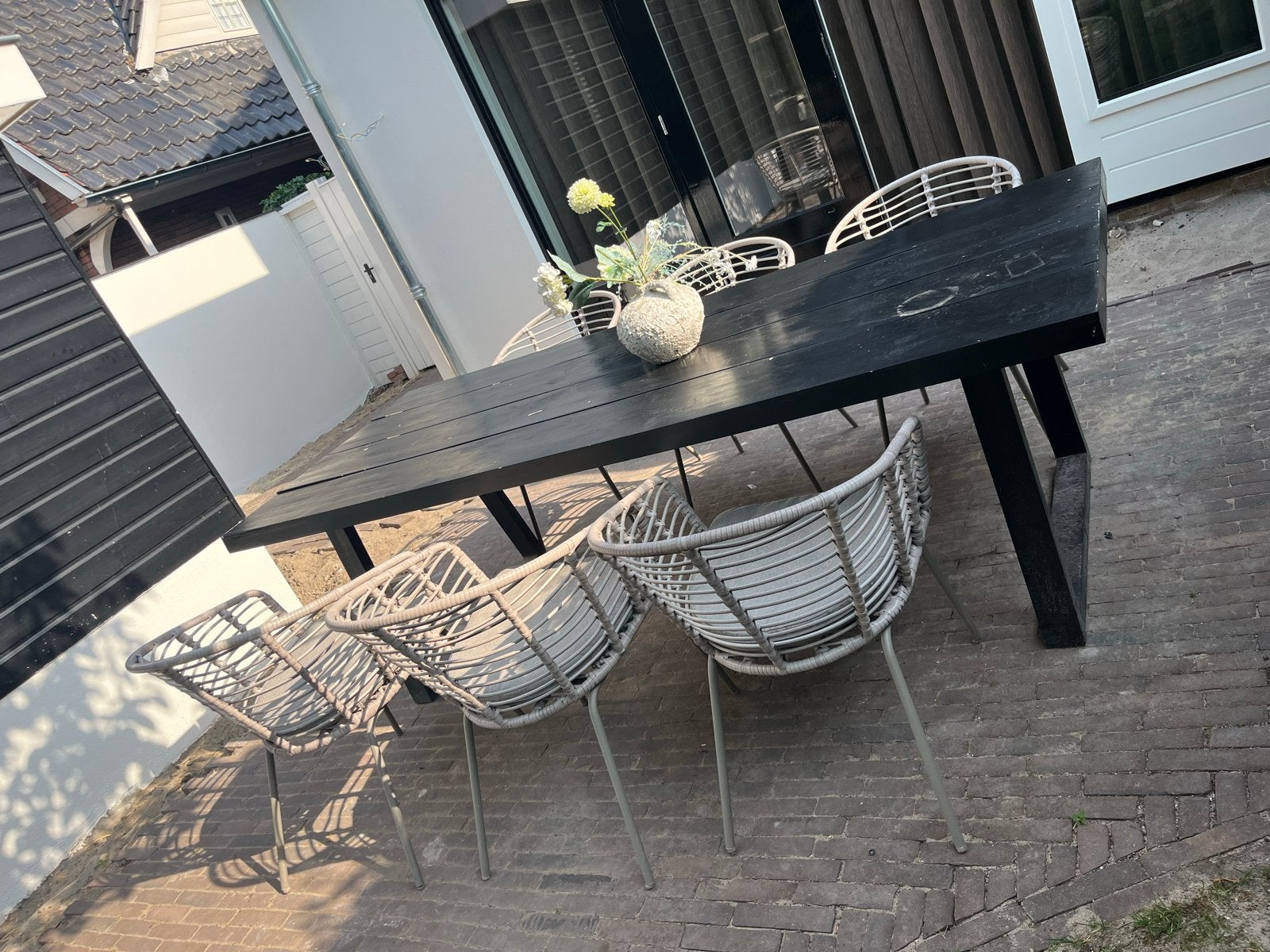 Tuinset: Zwarte tafel (opknapper) met 6 zgan stoelen, Ophalen, Gebruikt, 50 tot 100 cm, 150 tot 200 cm