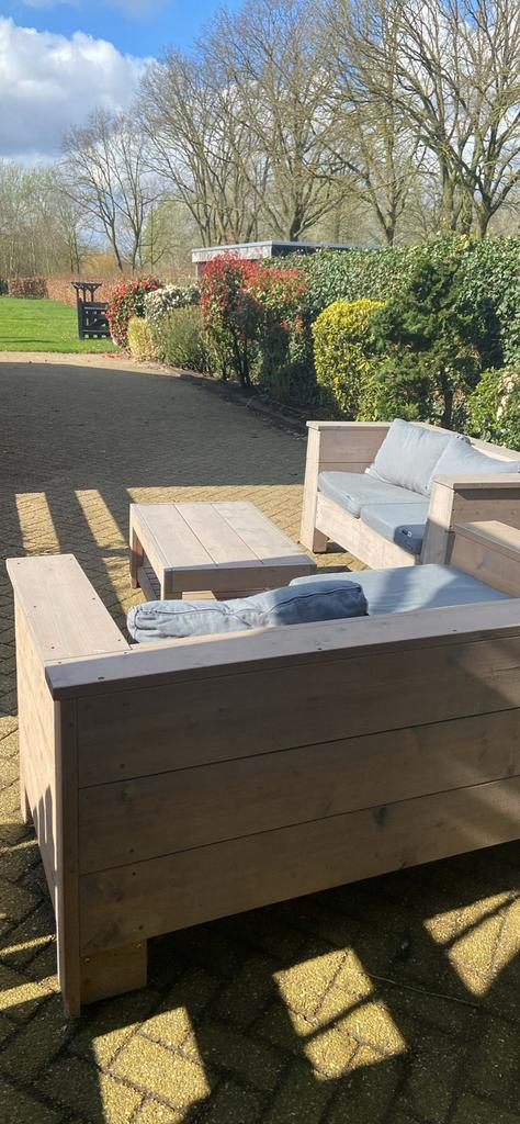 Steigerhouten tuinset & tafel, Ophalen, Gebruikt, 6 zitplaatsen, Steigerhout