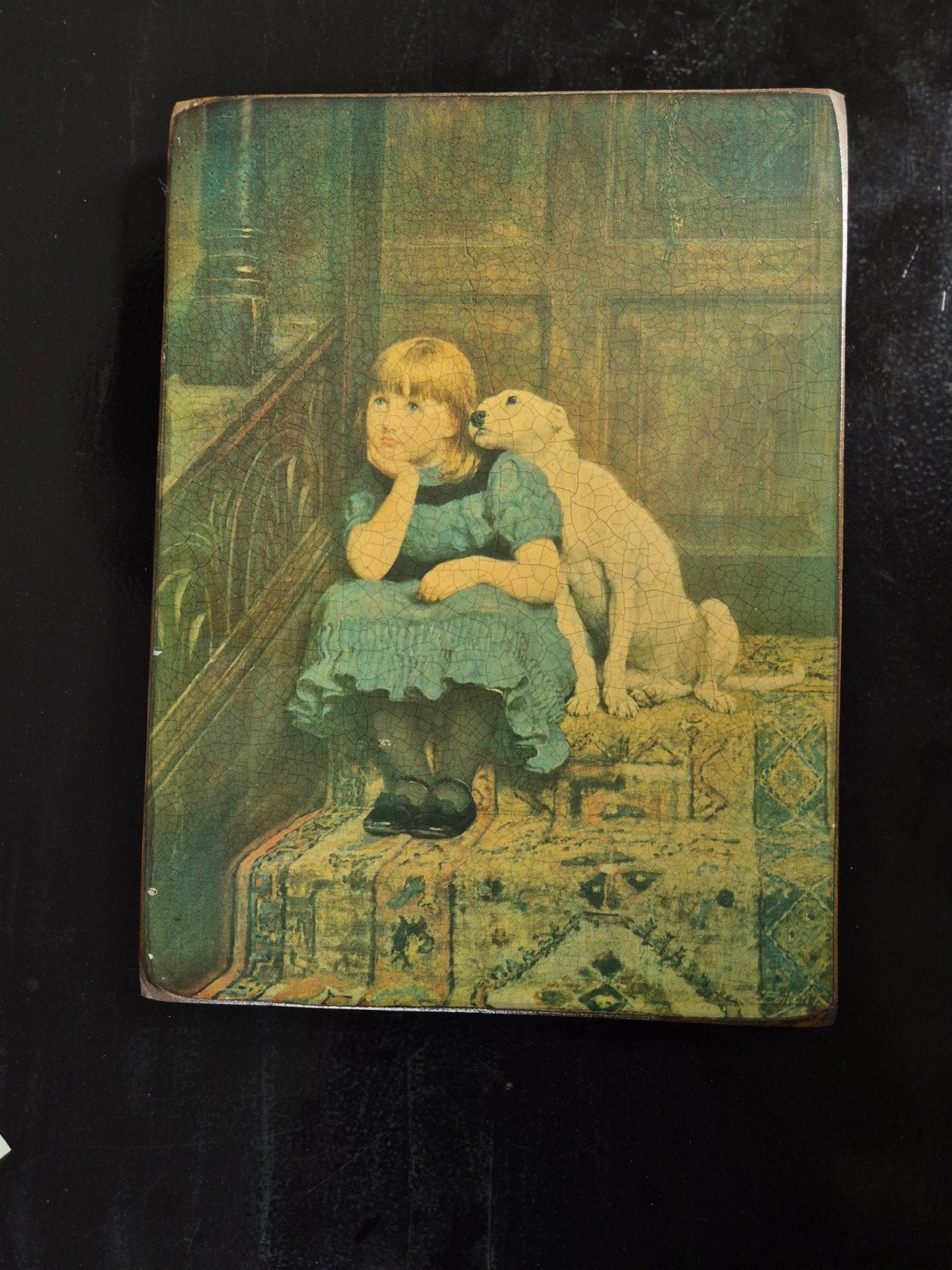 Vintage houten wandpaneel 'Sympathy' (Briton Rivière) -40x30, Ophalen of Verzenden
