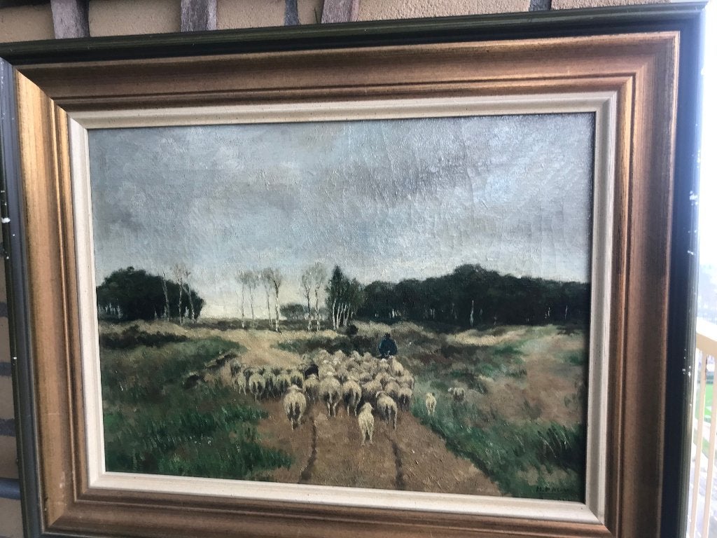 olieverf linnen landschap schaapsherder met schapen, Ophalen of Verzenden