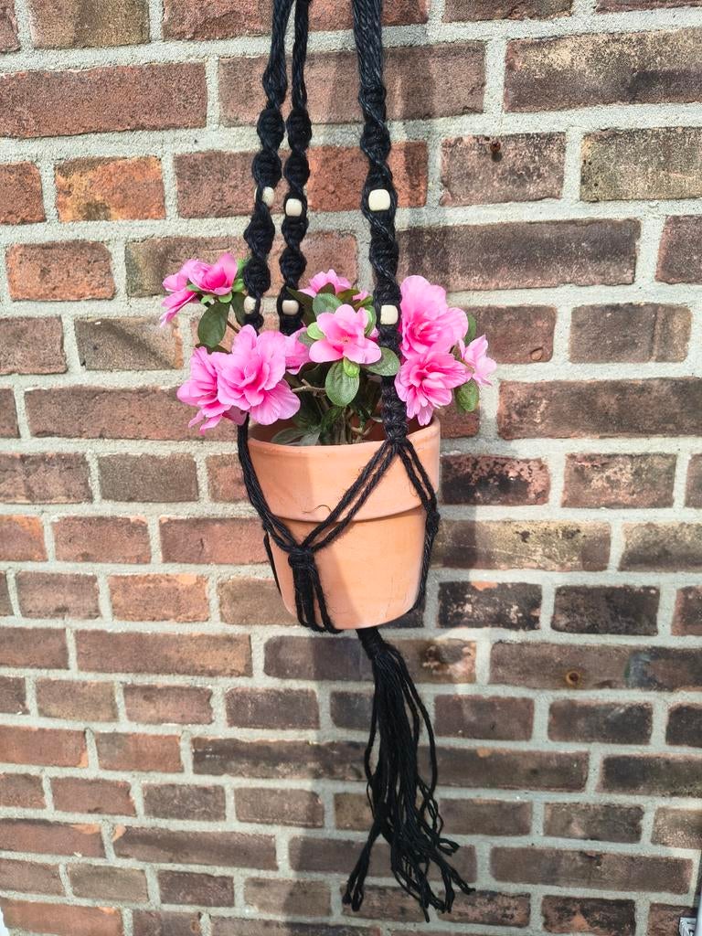 Stoere Macrame plantenhanger van dik touw - 95 cm, Zwart, Boho, Nieuw, Ophalen of Verzenden