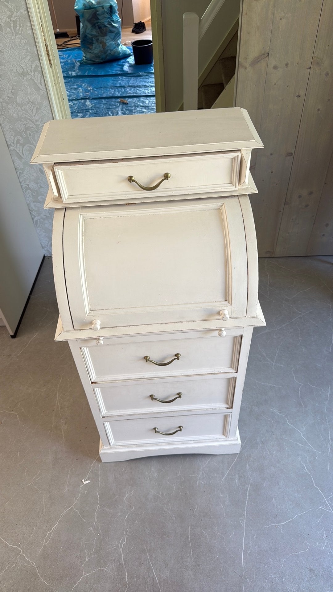 Prachtige vintage mini-secretaire / schrijftafel – wit uniek, 5 laden of meer, 100 tot 150 cm, Eikenhout, Zo goed als nieuw