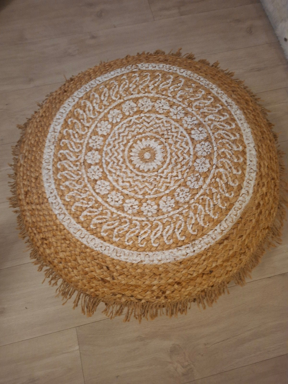 Ronde Jute Poef met mandelapatroon - Bohemian Stijl, Ophalen, 50 tot 100 cm, Rond, Zo goed als nieuw