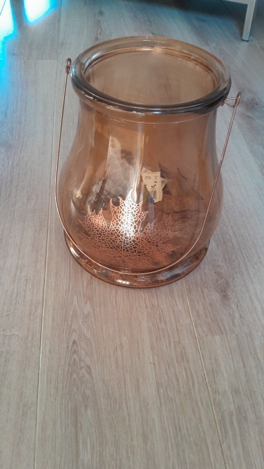 Glazen windlicht met bladmotief - bruinkleurig, Ophalen, Zo goed als nieuw, Bruin, Glas