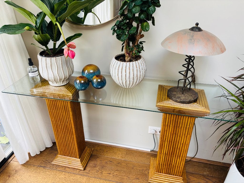 Rotan console tafel met facet geslepen glasplaat, Ophalen, Gebruikt, Rotan, Klassiek, Modern, Glas