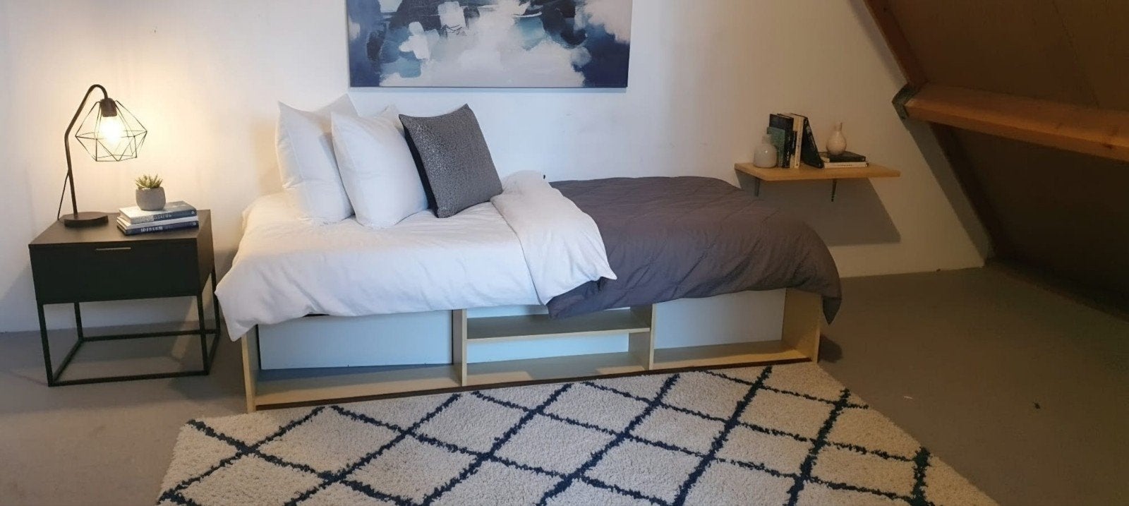 Eenpersoons ledikant met matras, lattenbodem en opbergruimte, Ophalen, Gebruikt, 90 cm, Eenpersoons