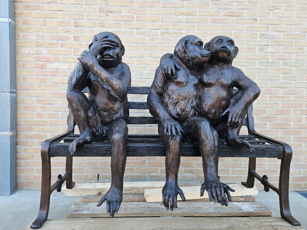 BRONZEN ZWARE TUINBANK MET 3 APEN EXCLUSIEF LAGE PRIJS TOP!, Tuin en Terras, Tuinbeelden, Ophalen of Verzenden, Nieuw, Overige materialen