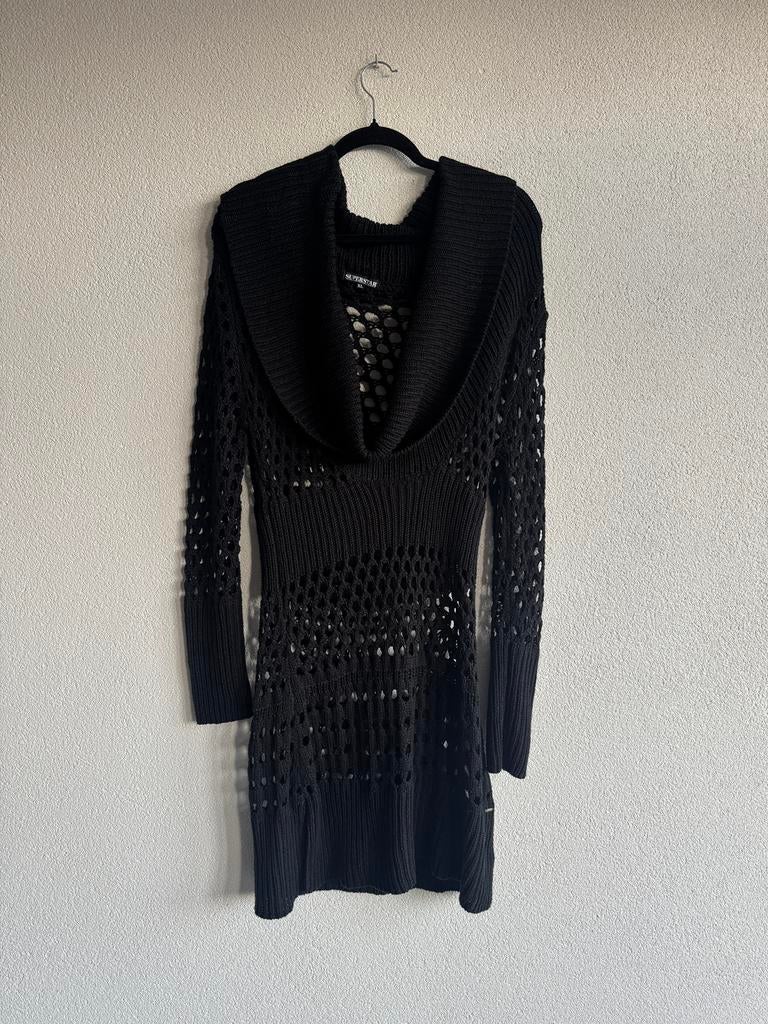 Vintage Y2K zwart gehaakt gebreide jurk met lage hals, Kleding | Dames, Jurken, Vintage, Maat 42/44 (L), Vintage, Ophalen of Verzenden