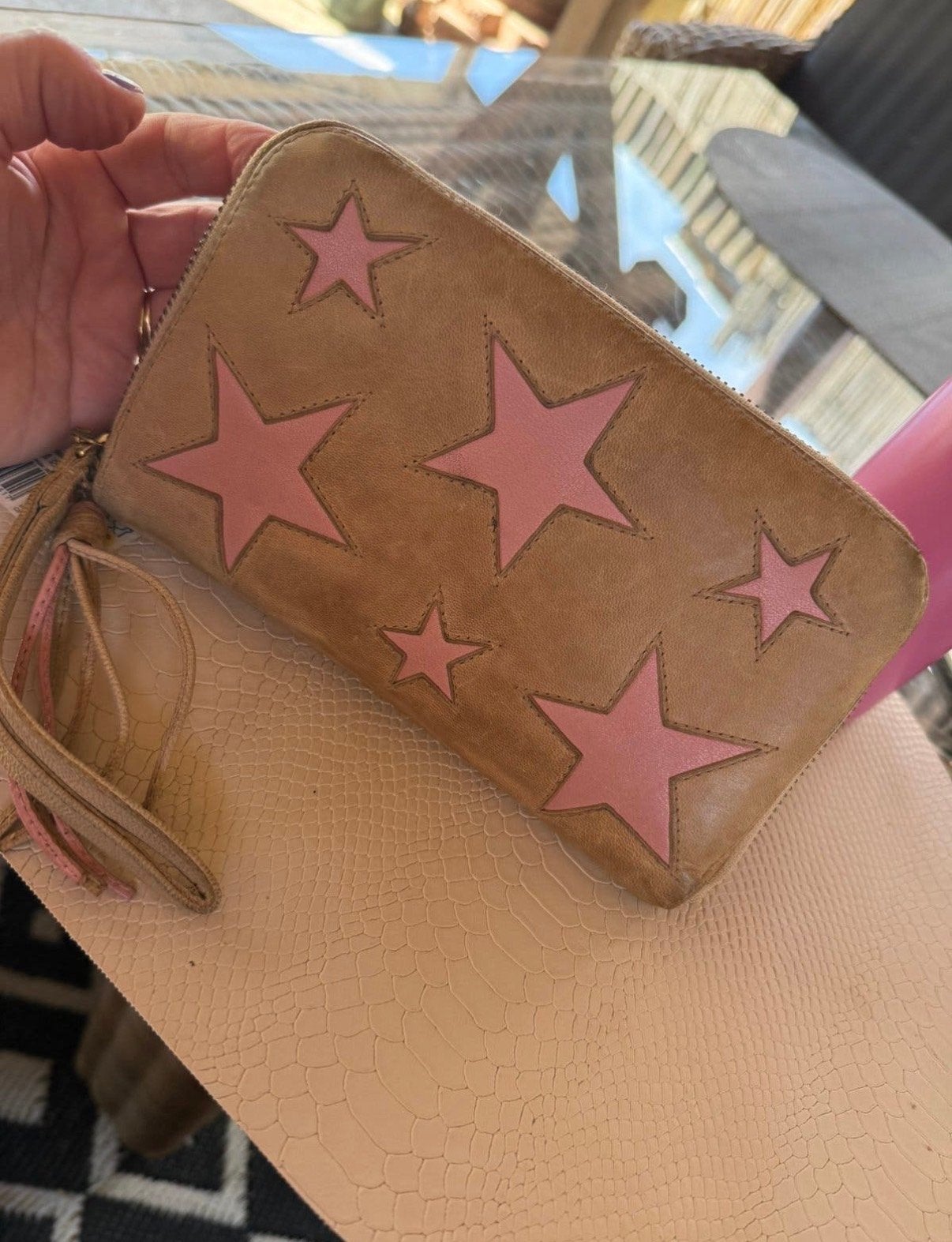 Fab. Leren Portemonnee met Sterrenpatroon - 20x12 cm, Overige merken, Gebruikt, Bruin, Ophalen of Verzenden