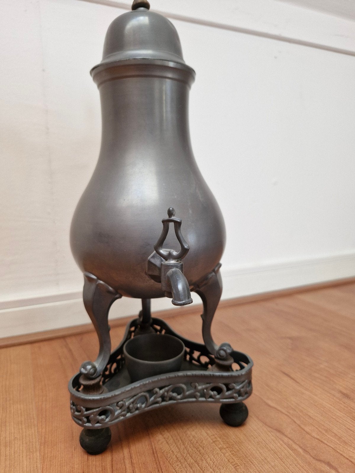 Antieke tinnen theeketel met onderstel - Vintage, Antiek en Kunst, Ophalen of Verzenden