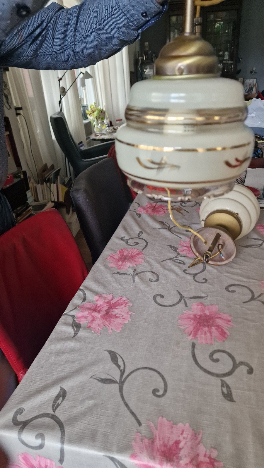 jaren 50 glazen hanglamp met de hand  goud beschilderd, Ophalen of Verzenden