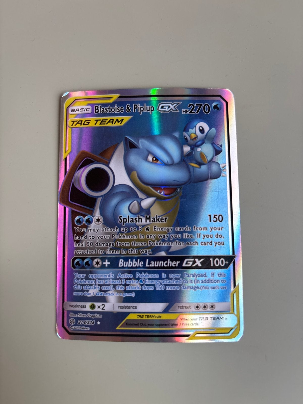 Blastoise & Piplup GX #069 Pokémon Kaart, Ophalen of Verzenden, Zo goed als nieuw, Losse kaart, Foil