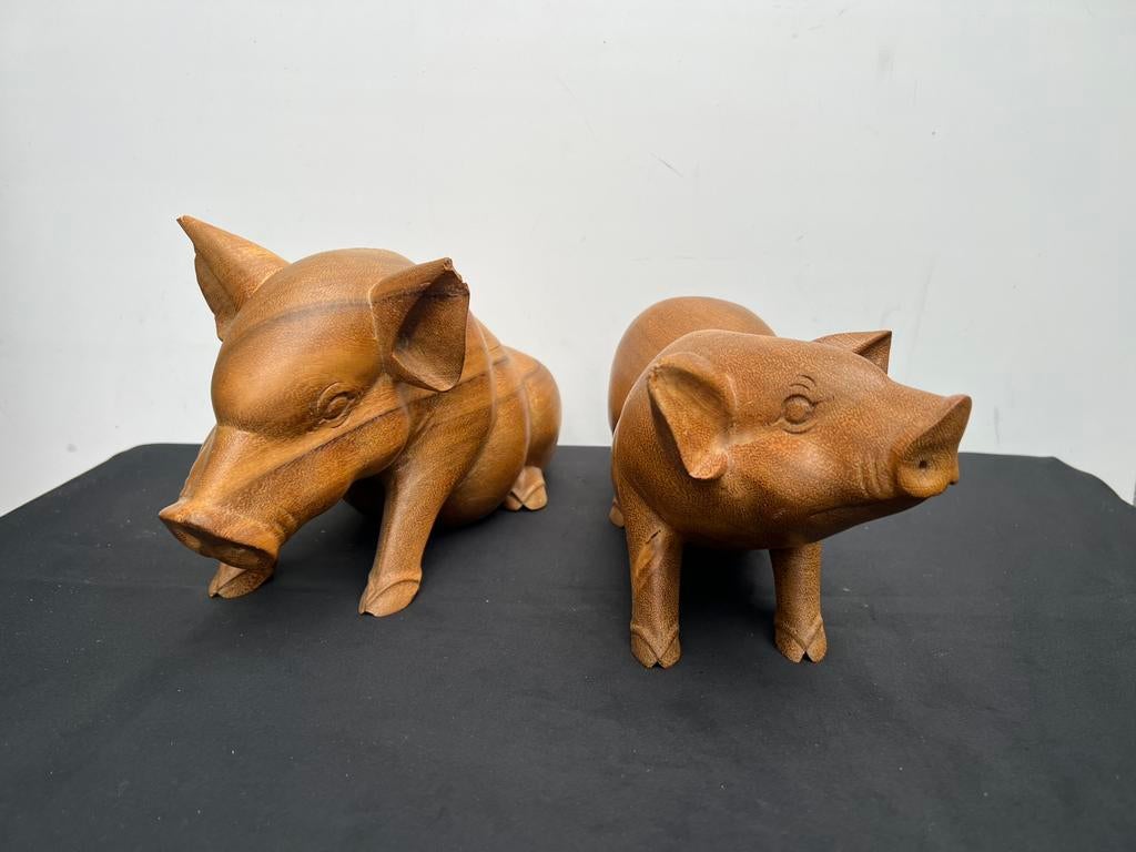 Te Koop : Vintage Varkens Biggetjes Hout Teak Beelden, Ophalen of Verzenden, Gebruikt, Dier