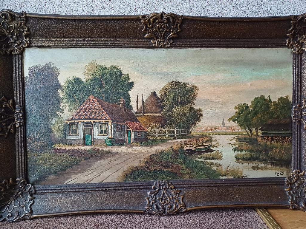 Antiek schilderij van boerderij & mooie lijst - van Dijk, Ophalen of Verzenden