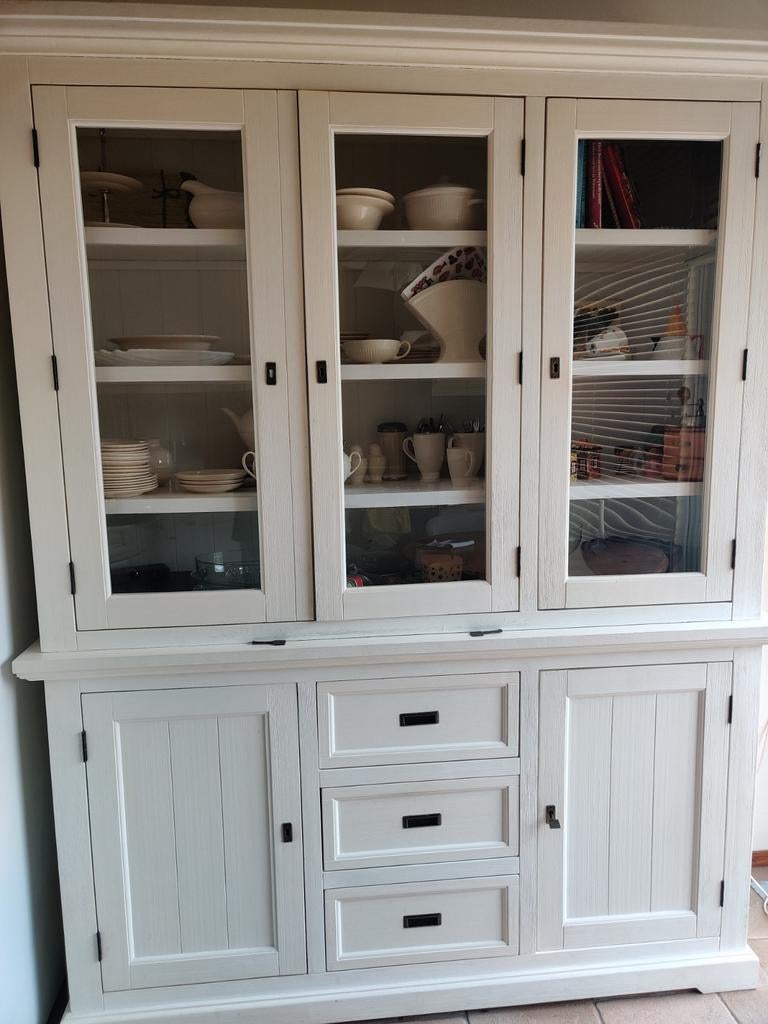 Witte buffetkast met glazen deuren en lades, Ophalen, Gebruikt, Met deur(en), Glas