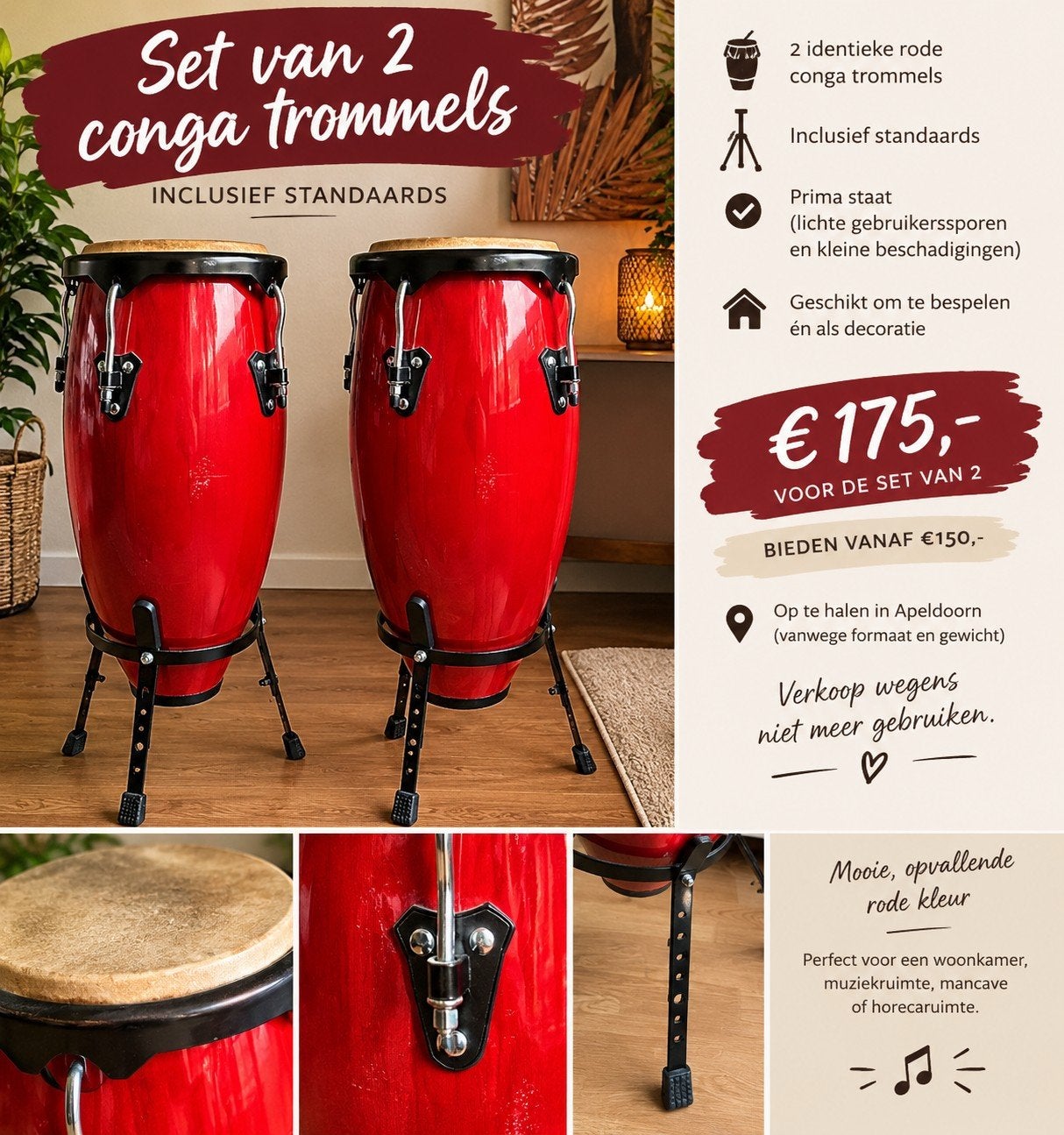 Set van 2 rode conga trommels inclusief standaards., Ophalen of Verzenden, Gebruikt