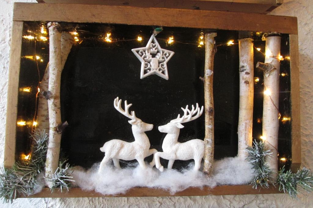 Wanddecoratie Winter Schilderij Hertjes Berkenstam & Lampjes, Ophalen of Verzenden, Zo goed als nieuw, Handgemaakt