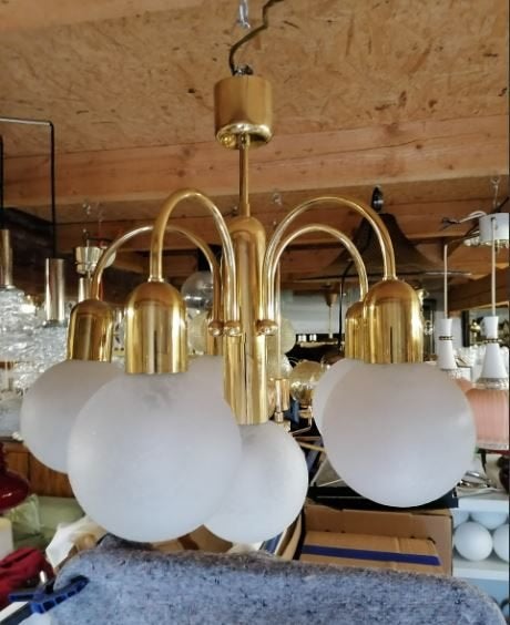 vintage hanglamp kroonluchter mid-century 6 lp, Ophalen, Gebruikt, 70er, E14 (klein)