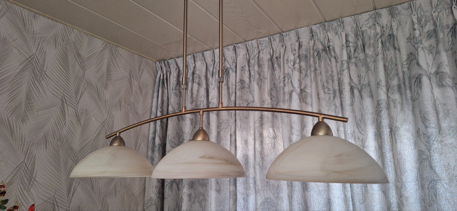 tafellamp schalen van glas 1mtr.lang, Beige, Gebruikt, Ophalen of Verzenden, Glas