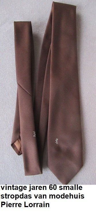 vintage jaren 60, smalle stropdas van Pierre Lorain mode, Ophalen of Verzenden, Zo goed als nieuw, Bruin