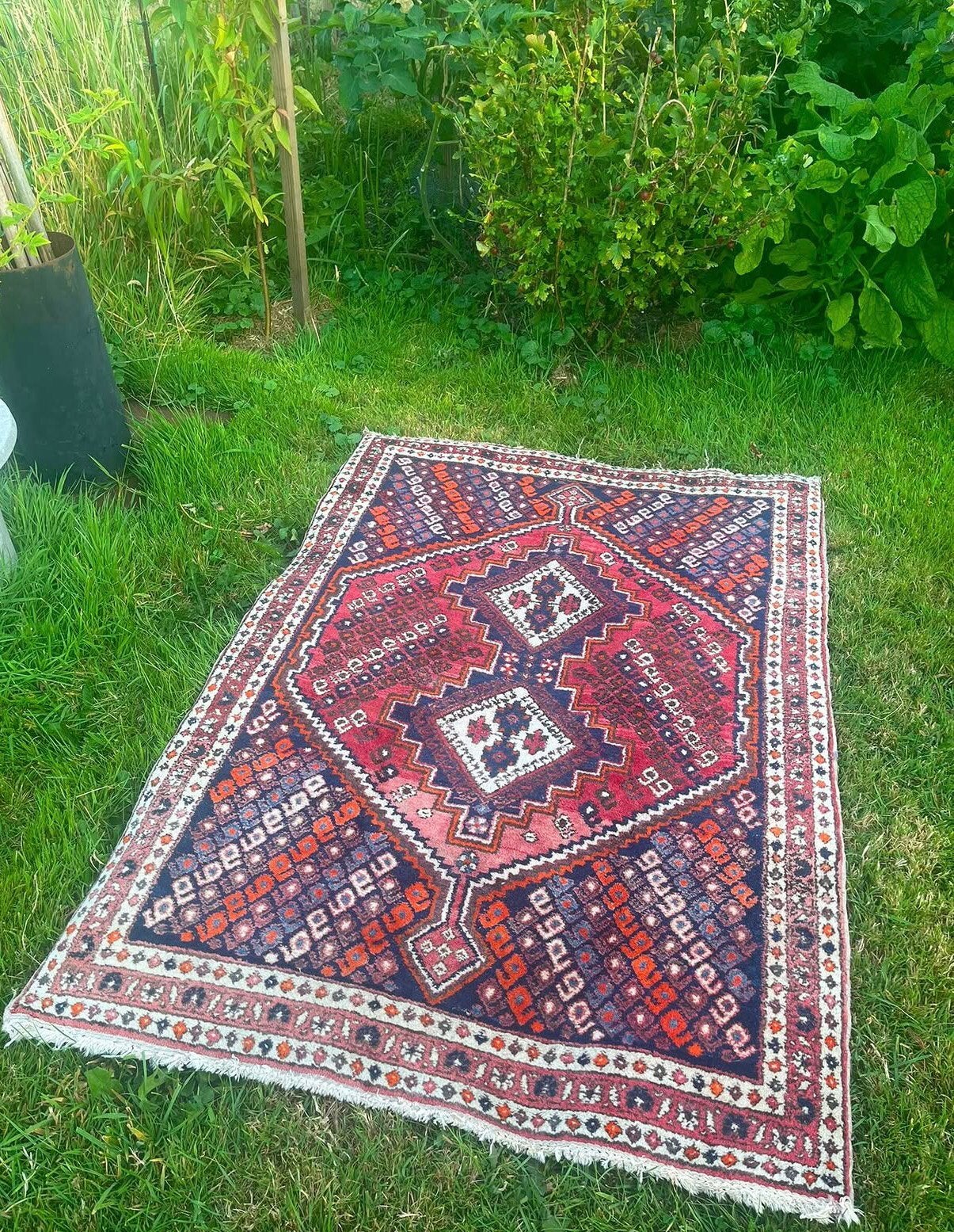 Vintage handgeknoopt perzisch tapijt, wol, roze blauw oranje, 100 tot 150 cm, Vintage, Zo goed als nieuw, Rechthoekig