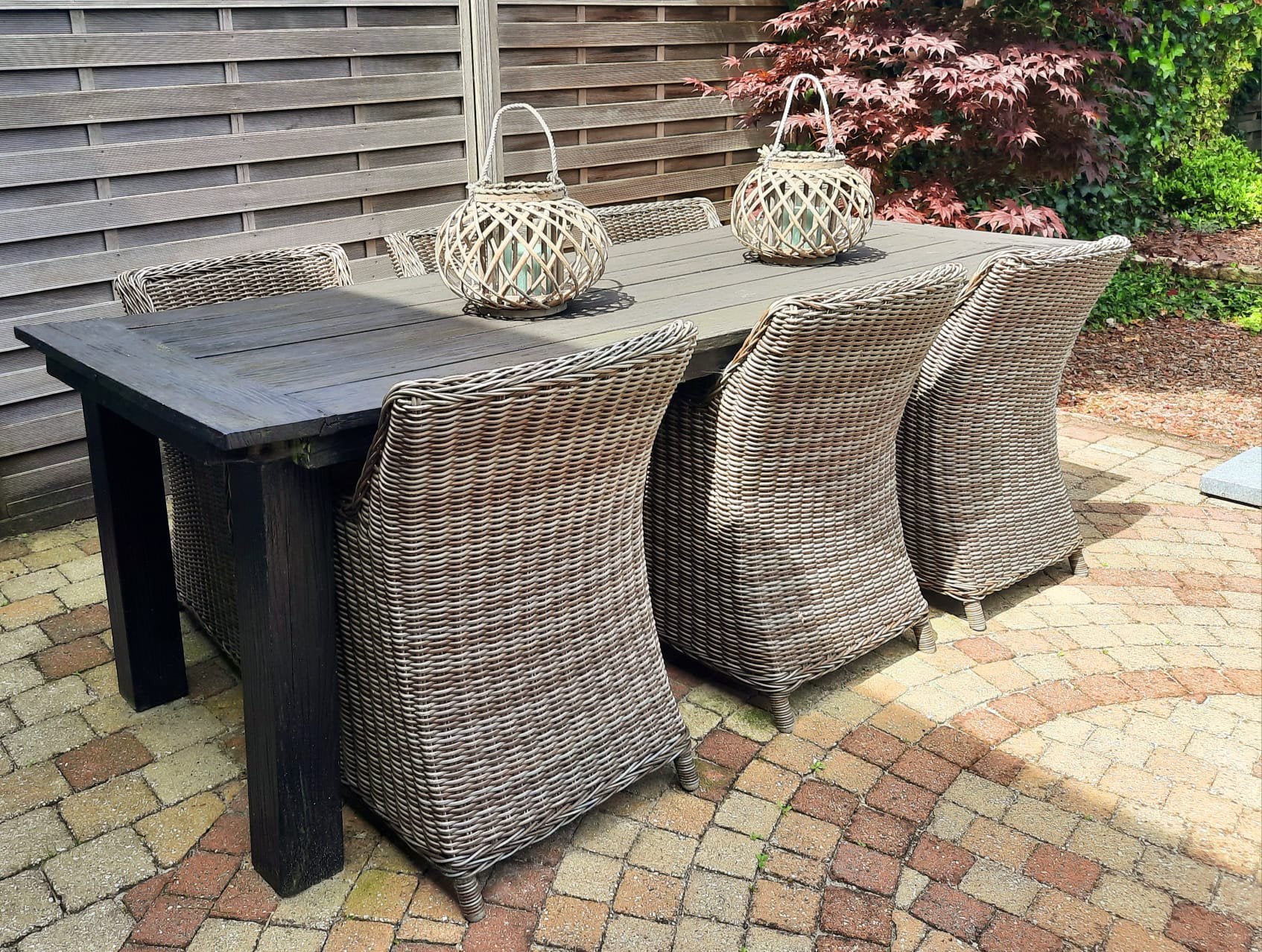 Houten tuintafel met zes stoelen (wicker textileen), Ophalen, Gebruikt, Eettafel, Hardhout