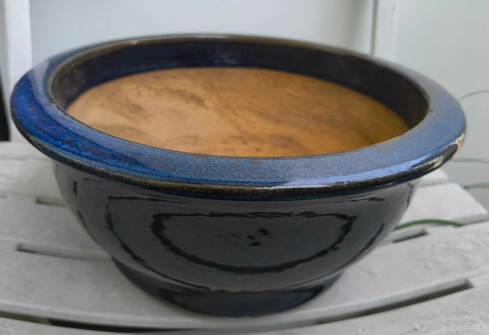 Blauw geglazuurde bloempot/bonsai pot, 28x13 cm, z.g.a.n., Tuin en Terras, Ophalen of Verzenden, Rond, Steen, Minder dan 30 cm