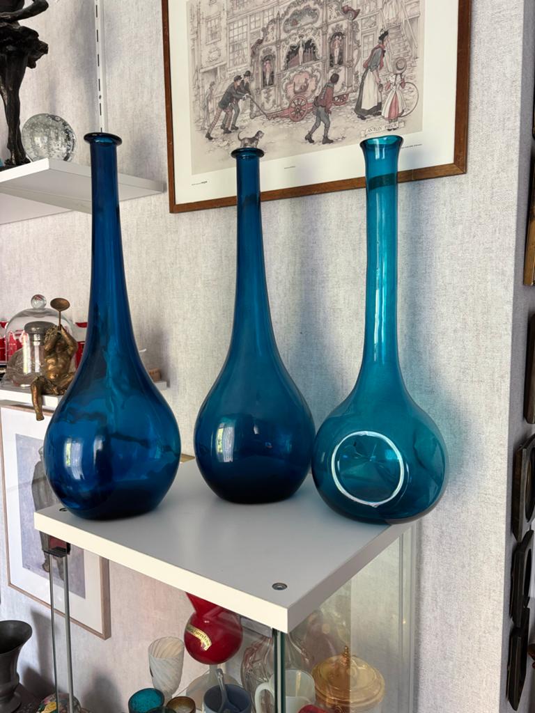 Empoli glas vazen - 3 grote blauwe flessen met lange hals, Ophalen of Verzenden