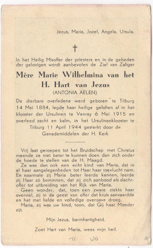 zr. Antonia Aelen 1884 Tilburg + 1944 Tilburg, 59 jaar oud, Verzenden
