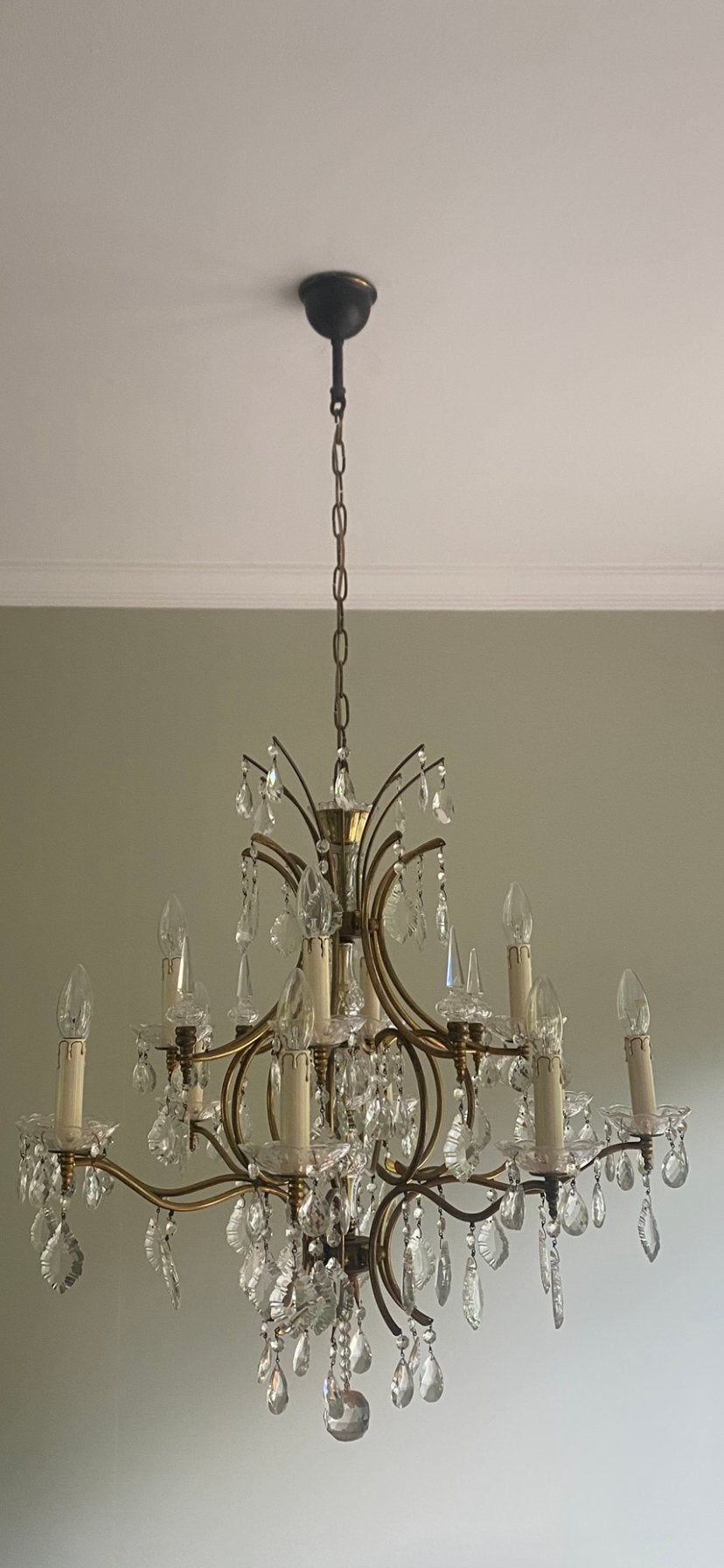 Prachtige Kroonluchter met Kristallen en 12 Lichtpunten, Ophalen, Gebruikt, Glas, E14 (klein)