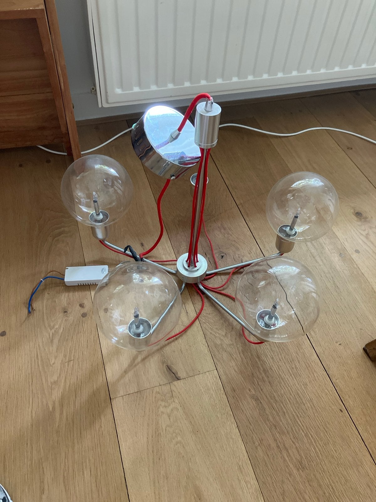 Retro hanglamp met glazen bollen (1 bol ontbreekt), Ophalen, Gebruikt, Glas, G9